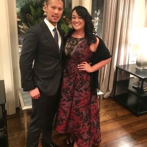 Adrianna Papell high low, wine multi-berry gown